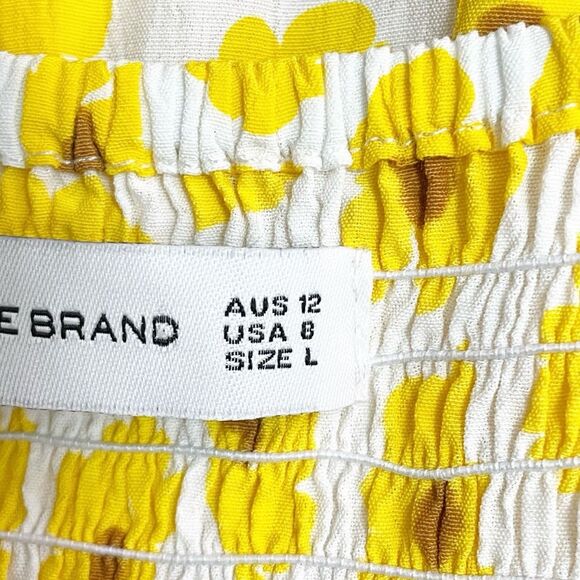 Faithfull the Brand Noemie Dress Size 8 US Yellow Floral Midi Ruffle Hem Smocked - Picture 11 of 14